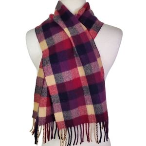 Maban of Scotland Plaid Fringe Scarf Pure New Lambswool Burgundy Black Tan